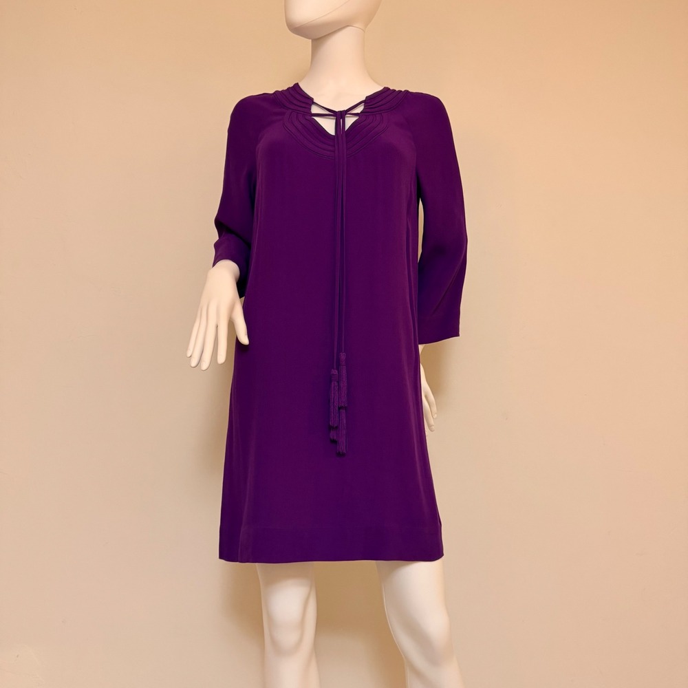 NWT Diane von Furstenberg Parlian Purple Tassel Lace Up Rayon Shift Dress Size 6